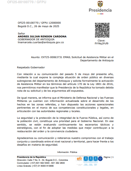 Respuesta de la Presidencia de la República a la solicitud del Gobernador de Antioquia.