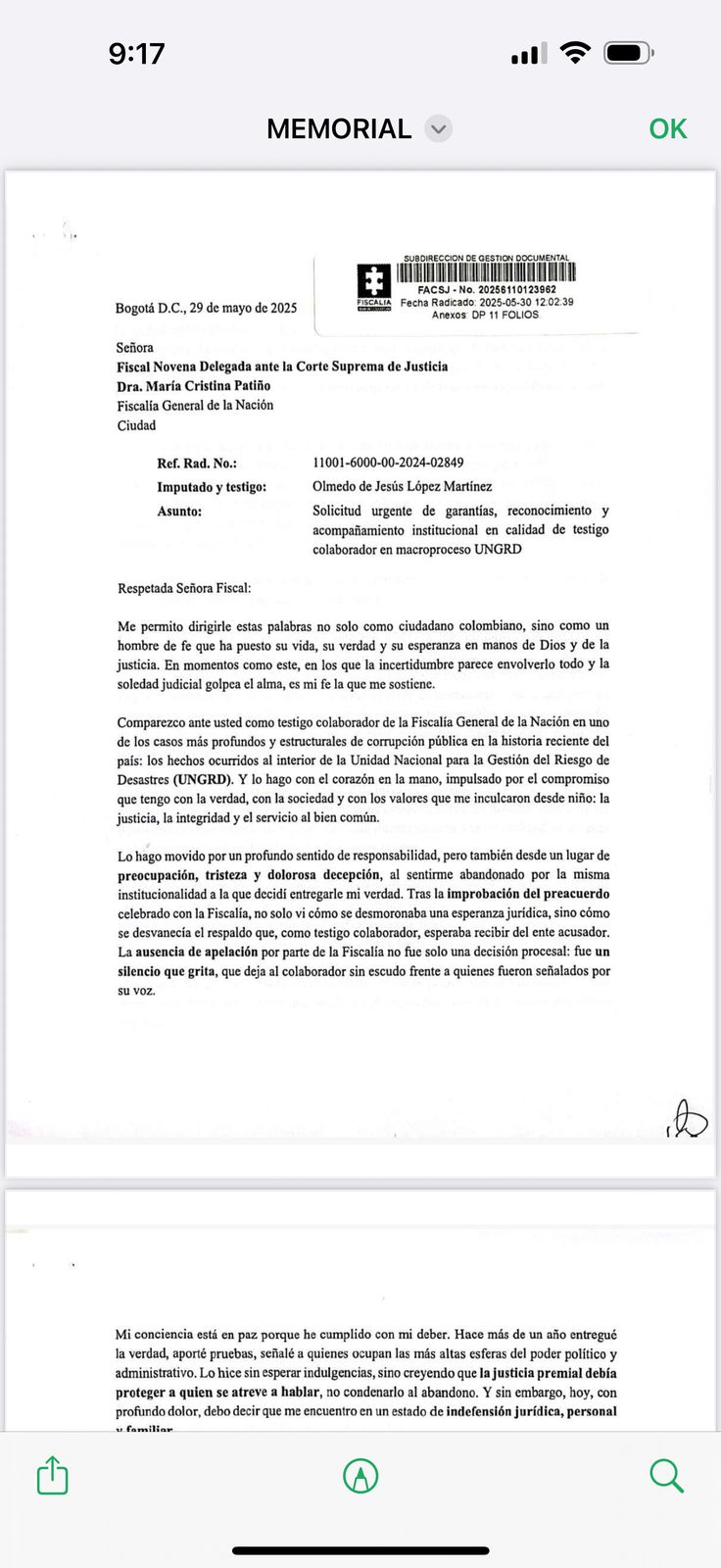 Carta de Olmedo López a la Fiscalía.