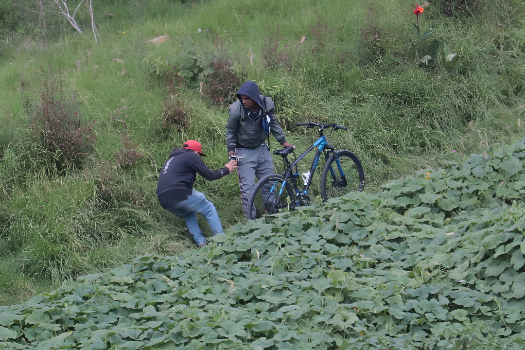 Los bandidos salen con armas para robar en el sendero.