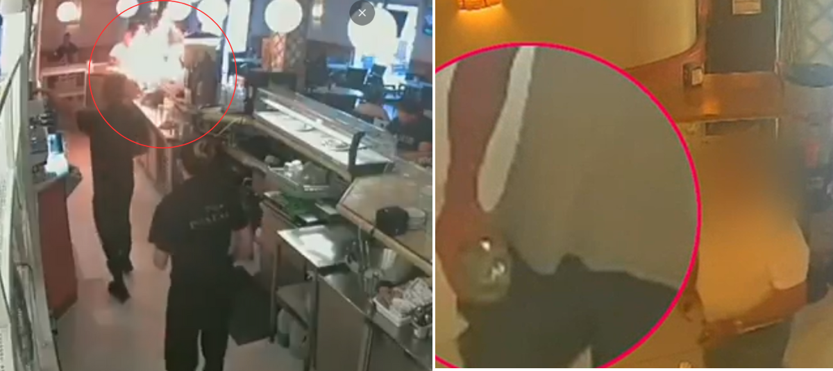 Momento en el que un cliente le prendió fuego con gasolina a un restaurante porque mesero le dijo que se acabó la mayonesa
