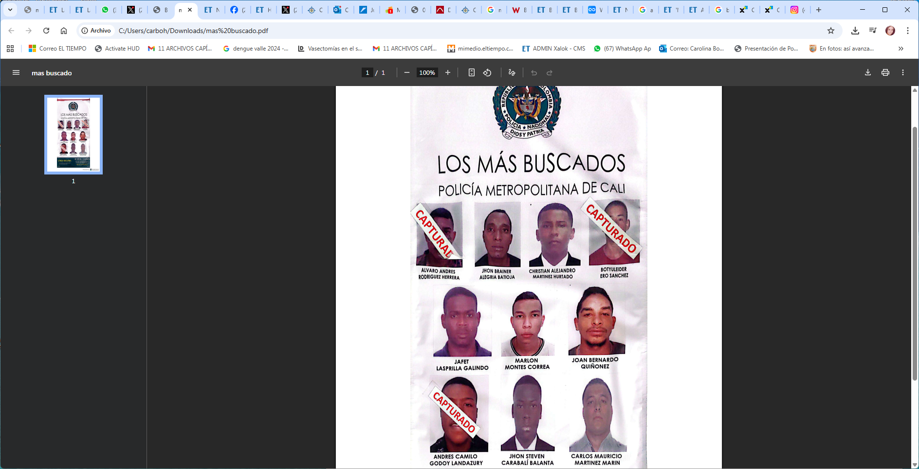 Cartel de los Más Buscados en Cali.