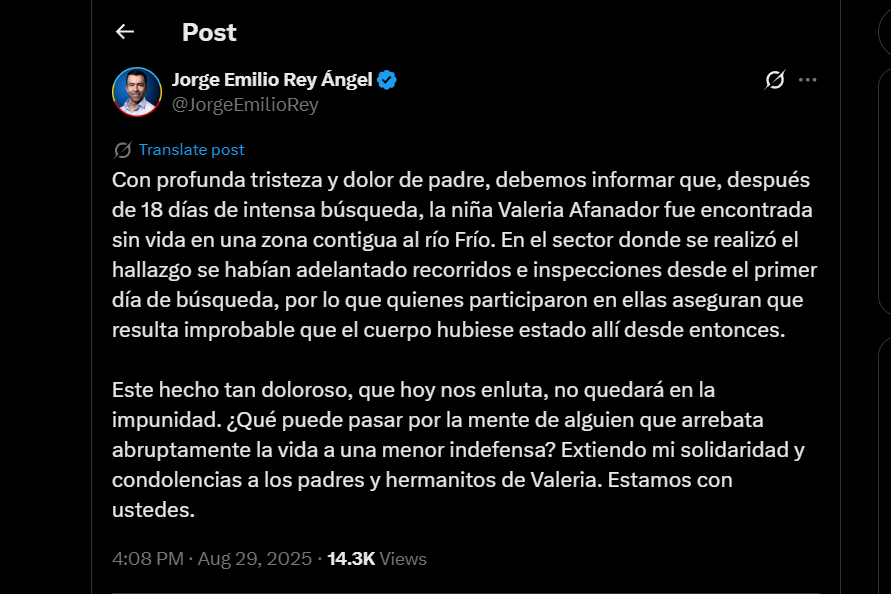 Gobernador Jorge Emilio Rey confirma hallazgo de Valeria Afanador